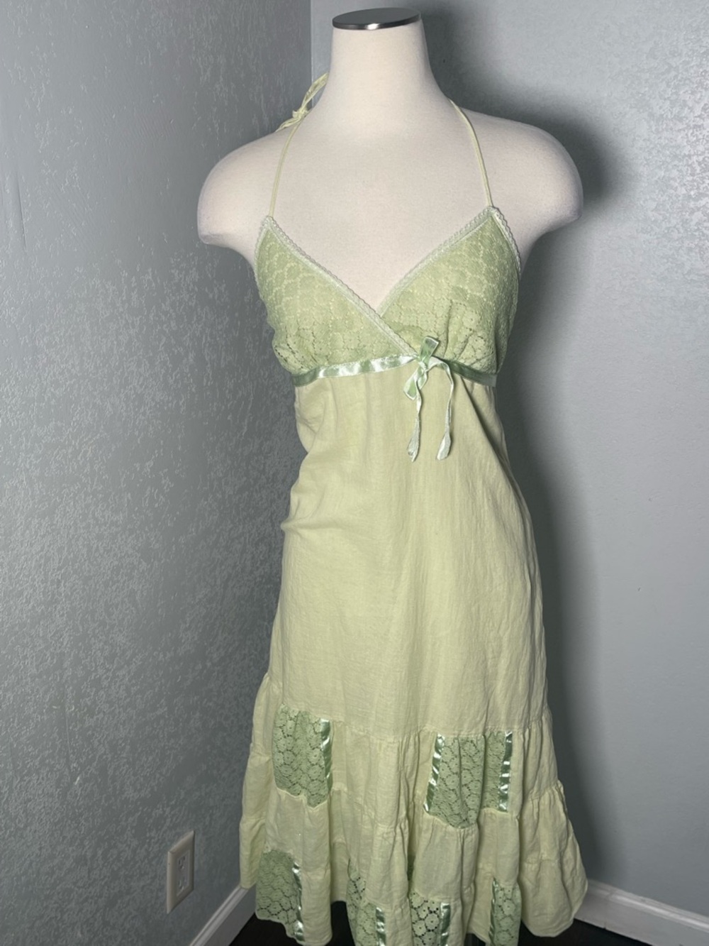 Light Green Lace-Detail Halter Midi Dress Y2K Fairy Dress 100%cotton